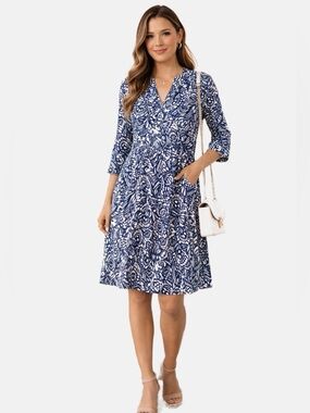 Rachel Zoe Blue White Abstract Print Tiered V-Neck Dress with Pockets XS NWOT